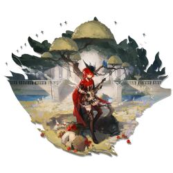  1girl absurdres against_tree angel apple architecture arknights bandana bandana_around_neck bard basket basket_on_head belt belt_pouch bird black_dress black_gloves black_hat book boots brown_belt brown_boots canal cape closed_mouth croissant detached_wings dress earrings emperor_(arknights) energy_wings exusiai_(arknights) exusiai_the_new_covenant_(arknights) exusiai_the_new_covenant_(the_legend_seeker)_(arknights) fingerless_gloves food fruit full_body gloves hair_between_eyes halo hat hat_feather highres huanxiang_heitu instrument instrument_on_back jewelry knee_boots lantern leg_up lute_(instrument) medium_hair musical_note official_alternate_costume official_art outdoors penguin playing_instrument ponytail potion pouch red_bandana red_cape red_hair sheet_music shirt short_ponytail side_ponytail sleeping smile solo stairs straw_hat tachi-e thigh-highs third-party_source transparent_background tree tricorne vambraces white_halo white_rabbit_(animal) white_shirt white_thighhighs wings wolf yellow_eyes zettai_ryouiki 