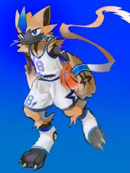  1other :3 animal_ears ball basketball_(object) basketball_uniform black_fur blue_background blue_eyes blue_fur bright_pupils cat_ears claws full_body furry highres kashiwa_gnu looking_at_viewer multicolored_fur other_focus pokemon pokemon_(creature) shorts simple_background socks solo sportswear standing tank_top two-tone_fur whiskers white_pupils white_shorts white_socks white_tank_top wristband yellow_fur zeraora 