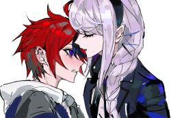  1boy 1girl ahoge binxngchng1 black_headband blue_eyes braid closed_eyes couple eyelashes grey_hair hair_ornament hairclip headband height_difference hetero highres hood hoodie jacket kirifuji_nozomi laughing multiple_hair_clips necktie open_mouth red_hair smile sumino_takumi the_hundred_line_-last_defense_academy- white_background white_hair 