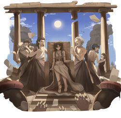  1girl 6+boys absurdres ancient_greek_clothes black_hair black_robe blue_sky broken_pillar check_copyright chinese_commentary commentary_request copyright_request dress gold_choker greco-roman_clothes grey_eyes hair_over_one_eye highres holding holding_paper laurel_crown long_hair looking_at_another looking_down multiple_boys on_throne original paper pillar robe simple_bird sitting sky sun throne umi_(user_dfrv5378) very_long_hair white_dress white_hair 