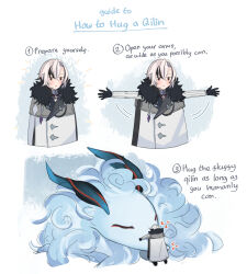  2girls alternate_form arlecchino_(genshin_impact) black_eyes black_hair black_hands black_streaks blue_fur coat colored_extremities commentary_request curled_tail fatui_coat fingernail_gloves fur-trimmed_coat fur_trim ganyu_(genshin_impact) ganyu_(qilin)_(genshin_impact) genshin_impact goat_horns grey_coat highres hinagi_(fox_priest) horns multicolored_hair multiple_girls qilin_(mythology) red_pupils streaked_hair symbol-shaped_pupils white_coat white_hair x-shaped_pupils 