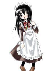  1girl apron black_hair black_socks blood blush blush_stickers bow bowtie brown_dress brown_shoes cross cross_necklace crying dress frilled_sleeves frills full_body futaba_channel hand_up highres jewelry juliet_sleeves long_sleeves looking_at_viewer maid maid_apron maid_headdress mugi_(mugi44i) necklace nijiura_maids nosebleed one_eye_closed puffy_sleeves red_ribbon ribbon shoes socks solo standing tears white_apron white_background wrist_cuffs yowai_(nijiura_maids) 