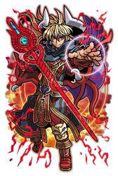  1boy ankle_boots aura belt black_capelet black_coat blonde_hair boots capelet coat demon_boy demon_horns demon_wings earrings energy_ring feathered_wings floating floating_hair floating_object floating_weapon gold_trim hair_between_eyes harakawa_mitsuhiro horns jewelry knee_pads long_hair mebius_(shinrabanshou) mixed_wings multicolored_coat multiple_wings official_art pants reaching reaching_towards_viewer red_aura red_belt red_boots red_coat red_eyes red_pants red_trim sanpaku shinrabanshou snake solo staff third-party_source transparent_background tsurime white_horns wings 