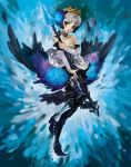  armor armored_dress bad_id bare_shoulders blonde_hair blue blue_background choker crown detached_sleeves grey_eyes gwendolyn hat low_wings odin_sphere polearm short_hair silver_hair solo spear staff tomatika weapon wings 