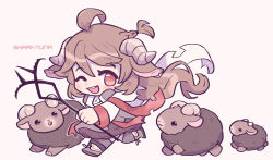  1girl ahoge animal_ears arknights brown_eyes commentary_request eyjafjalla_(arknights) full_body highres holding holding_staff horns long_hair long_sleeves looking_at_viewer one-hour_drawing_challenge one_eye_closed open_mouth running sharktuna sheep sheep_ears sheep_horns simple_background staff white_background 