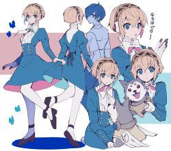  1boy 1girl :o absurdres aigis_(persona) android animal blonde_hair blue_dress blue_eyes blue_hair bow bright_pupils closed_mouth crossed_bangs dog dress eye_contact finger_cannon gold_hairband grey_dog hair_between_eyes hair_over_one_eye hairband highres koromaru_(persona) long_sleeves looking_at_another looking_at_viewer looking_to_the_side mechanical_hands persona persona_3 red_eyes robot_ears robot_girl shirt short_hair simple_background smile teketeke_(tasutekete) white_bow white_pupils white_shirt yuuki_makoto_(persona_3) 