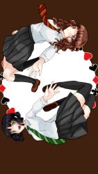  2girls :d \||/ arched_back bent_over_backwards black_hair black_skirt black_socks black_thighhighs blunt_bangs blush bob_cut breasts brown_background brown_eyes brown_hair brown_shoes circle closed_mouth club_(shape) collared_shirt commentary diamond_(shape) dot_mouth dress_shirt expressionless eyelashes floating_neckwear from_side full_body green_eyes green_necktie harry_potter_(series) heart hermione_granger hogwarts_school_uniform kazahana_(sakusama721) kneehighs legs_up light_blush loafers long_hair long_sleeves looking_at_viewer looking_to_the_side making-of_available multiple_girls necktie open_mouth outstretched_arm pansy_parkinson playing_card_theme pleated_skirt red_necktie rotational_symmetry school_uniform shirt shoes short_hair skirt small_breasts smile socks spade_(shape) spread_fingers thigh-highs wavy_hair white_background white_necktie white_shirt wizarding_world yellow_necktie 