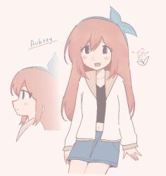  1girl aubrey_(faraway)_(omori) aubrey_(omori) black_tank_top blue_bow blue_skirt bow commentary crop_top denim denim_skirt jacket long_hair mayxth open_clothes open_jacket pink_hair simple_background skirt tank_top white_background white_jacket 