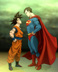  2boys alejandro_gonzalez black_hair blue_bodysuit bodysuit cape commentary crossover dc_comics dougi dragon_ball dragon_ball_z english_commentary height_difference highres male_focus multiple_boys muscular muscular_male pectorals print_bodysuit red_cape saiyan short_hair smile son_goku spiky_hair stare_down superhero_costume superman superman_(series) superman_logo 