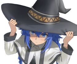  1girl absurdres black_hat blue_eyes blue_hair blush braid capelet closed_mouth commentary hair_between_eyes hat highres large_hat locke_yud long_hair long_sleeves looking_at_viewer mushoku_tensei roxy_migurdia simple_background solo untranslatable_commentary white_background white_capelet witch_hat 