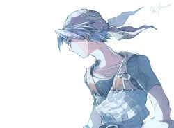  1boy amulet armor artist_name bandana black_shirt blue_hair chainmail chrono_cross gloves male_focus michibata_65 parted_bangs parted_lips serge_(chrono_cross) shirt short_hair short_sleeves signature solo t-shirt upper_body white_background 
