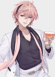  1boy absurdres alcohol arm_out_of_frame bishounen black_headband black_shirt champagne_coupe choker collared_shirt commentary cup drink drinking_glass earrings eyelashes fingernails formal_clothes gold_choker green_eyes headband highres holding holding_cup holding_drink holostars host jacket jewelry lapels male_focus necktie official_alternate_costume onion_(kionlin322) pants partially_unbuttoned pectoral_cleavage pectorals pink_hair pink_necktie rikka_(holostars) shawl_lapels shirt short_hair simple_background solo suit undone_necktie untranslatable_commentary upper_body virtual_youtuber white_background white_jacket white_pants white_suit 