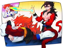  black_hair blue_eyes blue_sash closed_mouth dougi dragon_ball dragon_ball_gt dragon_ball_heroes earrings gloves gogeta jewelry long_hair male_focus metamoran_vest monkey_boy monkey_tail multiple_boys muscular muscular_male omega_shenron ommmyoh open_mouth pants potara_earrings red_fur saiyan sash smile spiky_hair super_saiyan super_saiyan_4 tail time_patrol_(dragon_ball) twitter_username vegetto vegetto_(xeno) 