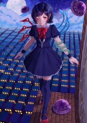  1girl :o black_dress black_hair black_thighhighs black_wrist_cuffs blush center_frills city clouds cloudy_sky cuwy dress english_commentary frilled_dress frilled_sleeves frills full_body full_moon highres houjuu_nue looking_at_viewer mary_janes moon night one_eye_closed orange_eyes outdoors pointy_ears red_nails red_shoes shoes short_hair short_sleeves sky snake solo standing star_(sky) thigh-highs touhou unworn_headwear wrist_cuffs 