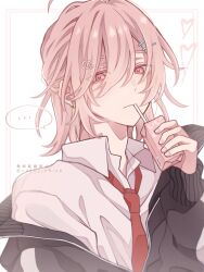  ... 1boy adam's_apple aegyo_sal black_jacket closed_eyes collared_shirt colored_eyelashes dot_nose drink_carton drinking_straw drinking_straw_in_mouth ear_piercing eyes_visible_through_hair fingernails hair_between_eyes hair_ornament heart heart_hair_ornament highres holding holding_drink_carton jacket looking_at_viewer male_focus medium_hair mole mole_under_eye necktie original piercing pink_eyes pink_hair portrait red_necktie shirt simple_background solo spoken_ellipsis strawberry_milk sushi_chisa unzipped watermark white_shirt 
