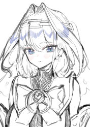  1girl absurdres blue_eyes blue_hair bow bow_earrings breasts chain chain_headband commentary_request earrings hair_intakes heart-shaped_gem highres hololive hololive_english jewelry large_breasts looking_at_viewer neroriei ouro_kronii ouro_kronii_(1st_costume) pinstripe_pattern pinstripe_skirt ribbon_earrings shirt simple_background sketch solo virtual_youtuber 