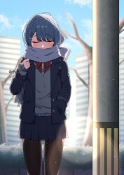  1girl akashi_(4kc_27) bag bare_tree black_jacket black_pantyhose black_skirt blue_bag blue_hair blush bow bowtie closed_eyes commentary_request covered_mouth cropped_legs day facing_viewer grey_sweater hair_ornament hairclip hand_in_pocket highres jacket koshimizu_toru long_sleeves mole mole_under_eye nijisanji open_clothes open_jacket outdoors pantyhose pleated_skirt red_bow red_bowtie scarf scarf_over_mouth school_bag school_uniform skirt sleeves_past_wrists snowing solo sweater tree twitter_username virtual_youtuber 