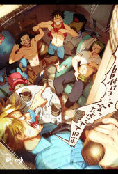  5boys ^_^ angry black_hair blonde_hair blue_shirt closed_eyes commentary_request earrings flexing fujisee green_hair haramaki hat highres jewelry letterboxed male_focus monkey_d._luffy multiple_boys one_piece pointing roronoa_zoro sanji_(one_piece) scar scar_on_face scared sharp_teeth shirt short_hair smile straw_hat striped_clothes striped_shirt teeth tony_tony_chopper twitter_username usopp vertical-striped_clothes vertical-striped_shirt 