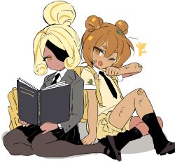  +++ 2girls ;d @_@ aged_down arm_at_side arm_support back-to-back backpack bag bandaid bandaid_on_arm bandaid_on_knee bandaid_on_leg bare_arms bare_legs black_necktie black_pantyhose black_shoes black_skirt black_socks blazer blonde_hair blush book brown_eyes brown_hair child closed_mouth collarbone collared_shirt commentary_request contrast_collar cookie_run cookie_run:_ovenbreak croissant_cookie curly_sidelocks dark-skinned_female dark_skin dot_nose double-parted_bangs double_bun dual_persona eyepatch eyes_visible_through_hair full_body grey_jacket hair_between_eyes hair_bun hair_intakes highres holding holding_book humanization jacket knee_up kneehighs korean_commentary lapels layered_sleeves looking_at_viewer mary_janes miniskirt multicolored_hair multiple_girls necktie no_eyebrows ohta_guk_hip one_eye_closed one_eye_covered open_book open_mouth orange_eyes orange_streaks pantyhose parted_lips pleated_skirt school_uniform shadow shirt shoes short_eyebrows short_hair sidelocks simple_background single_hair_bun sitting skirt smile socks streaked_hair tareme timekeeper_cookie tsurime two-tone_hair v-shaped_eyebrows white_background white_shirt white_trim yellow_bag yellow_shirt yokozuwari 