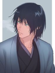  1boy black_hair border closed_mouth collarbone commentary_request fknnn13 fushiguro_toji green_eyes highres japanese_clothes jujutsu_kaisen male_focus pillarboxed scar scar_on_face scar_on_lip scar_on_mouth short_hair solo upper_body white_border 