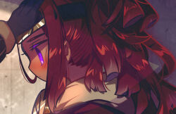  1boy 1girl black_gloves black_headband blush brooch cape colored_eyelashes commentary_request cookie_run cookie_run:_ovenbreak croissant_cookie croissant_cookie_(director_of_the_tbd) dark-skinned_male dark_skin deformed dreadlocks film_grain from_side gloves grey_background grey_cape hand_on_another's_head headband high_ponytail highres humanization inverted_eyelashes jewelry jitome long_sleeves looking_down male_focus no_sclera official_alternate_costume omoyu_(nakyu715) outdoors ponytail portrait profile puffy_long_sleeves puffy_sleeves red_hair red_shirt shaded_face shirt sidelocks solo_focus string_gummy_cookie tile_wall tiles violet_eyes 