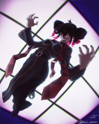  absurdres belt_buckle buckle chromatic_aberration commentary curled_fingers drill_hair earrings english_commentary evil_eyes evil_grin evil_smile floating floating_clothes glowing glowing_eyes grin highres jewelry kasane_teto multicolored_hair perspective pink_eyes pink_hair red_trim smile star_(symbol) star_earrings streaked_hair twin_drills 