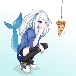  1girl absurdres alternate_costume black_shorts black_thighhighs blue_eyes blue_hair blue_shirt closed_mouth commentary_request fins fish_tail food gawr_gura grey_hair hair_ornament highres hololive hololive_english looking_at_viewer multicolored_hair pizza rei_(2812q) shark_girl shark_hair_ornament shark_tail shirt shorts tail thigh-highs tongue tongue_out two-tone_hair two_side_up virtual_youtuber zettai_ryouiki 