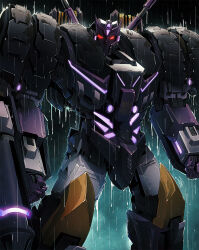  arm_mounted_weapon commentary decepticon energon glowing glowing_eyes humanoid_robot insignia jqu_2d mecha neon_trim no_humans purple_mask rain red_eyes robot science_fiction solo tarn the_transformers_(idw) transformers 
