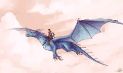  1boy 1other belt blue_tunic boots bracer brown_belt brown_boots brown_eyes brown_hair brown_pants claws commentary dated dragon dragon_horns dragon_tail dragon_wings eastern_dragon english_commentary eragon eragon_(character) fangs flying holding holding_sword holding_weapon horns long_sleeves outdoors pants riding_dragon saddle saphira_(eragon) shirt short_hair signature sky slit_pupils spikes sword tail ticcy tunic weapon white_shirt wings 