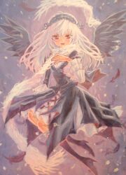  1girl ama-tou black_dress black_wings blush commentary_request doll_joints dress feathered_wings feathers hairband joints lolita_fashion lolita_hairband long_hair looking_at_viewer painting_(medium) red_eyes rozen_maiden scarf smile snowing solo suigintou traditional_media white_hair white_scarf wings 