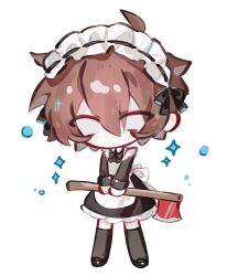  1boy ahoge androgynous animification apron axe bishounen black_bow black_bowtie black_dress black_shoes black_thighhighs blank_eyes bow bowtie brown_hair chibi chibi_only chinese_commentary commentary_request creepypasta crossdressing crossdressing_(mtf) dress full_body girly_boy hair_bow hairband herobrine highres holding holding_axe looking_at_viewer maid maid_headdress male_focus male_maid minecraft shoes short_hair simple_background solo sparkle standing thigh-highs variant_set white_apron white_background white_hairband yeyajiyamalu 