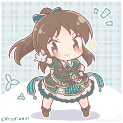  >:) 1girl blue_skirt blush boots brown_boots brown_eyes brown_hair closed_mouth collared_shirt commentary_request fold-over_boots gloves green_jacket grey_gloves hand_on_own_hip idolmaster idolmaster_cinderella_girls idolmaster_cinderella_girls_starlight_stage jacket long_hair mitarashi_neko notice_lines outstretched_arm parted_bangs plaid_background ponytail puffy_short_sleeves puffy_sleeves shadow shirt short_sleeves skirt smile solo sparkle tachibana_arisu translation_request v-shaped_eyebrows very_long_hair white_shirt 