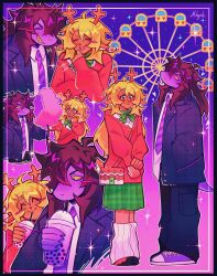  2girls absurdres ahoge animal_ears antlers artist_name bag blonde_hair blush_stickers bow bowtie brown_hair bubble_tea closed_eyes collared_shirt colored_sclera colored_skin colored_teeth commentary cotton_candy cup deer_antlers deer_ears deer_girl deer_tail deltarune diagonal-striped_clothes diagonal-striped_necktie disposable_cup english_commentary ferris_wheel food freckles furry furry_female green_bow green_bowtie green_skirt hair_between_eyes hair_ornament hairclip handbag highres holding holding_cotton_candy holding_cup holding_food horns long_hair mihych multiple_girls necktie noelle_holiday open_mouth purple_necktie purple_skin red_eyes sharp_teeth shirt single_blush_sticker skirt socks striped_clothes striped_necktie susie_(deltarune) sweat tail teeth unmoving_pattern utdr_(toby_fox) white_shirt white_socks yellow_sclera yellow_teeth yuri 