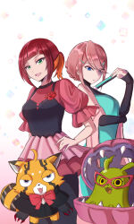  2girls :3 absurdres alternate_costume alternate_hairstyle aqua_dress black_bustier black_dress blue_eyes bow bowtie bustier chibikemo clam closed_mouth commentary digimon digimon_(creature) digimon_beatbreak domino_mask doodledigi dress earrings eye_mask fangs flower folding_fan green_eyes hair_ornament hair_over_one_eye hairclip hand_fan highres holding holding_fan jewelry kanuma_hotaruko long_sleeves mask multicolored_hair multiple_girls official_alternate_costume official_alternate_hairstyle open_mouth pink_hair pink_shawl pink_skirt ponytail pristimon puffy_short_sleeves puffy_sleeves red_bow red_bowtie red_flower red_hair red_skirt sakuya_reina see-through_hair shakomon shawl shell short_hair short_ponytail short_sleeves single_earring skirt sleeves_past_wrists stuffed_raccoon stuffed_toy two-tone_hair two-tone_skirt untranslatable_commentary yellow_eyes 