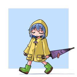  1girl alternate_costume blue_background blue_hair boots border closed_eyes closed_umbrella facing_viewer full_body green_boots highres holding holding_umbrella hood hood_up karakasa_obake kasuya_baian long_sleeves medium_hair mud purple_umbrella raincoat solo tatara_kogasa touhou umbrella walking white_border yellow_raincoat 