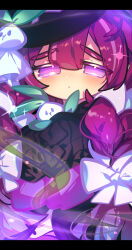  1girl :o absurdres alternate_hair_length_(longer) black_hat black_jacket blush bow braid bright_pupils center-flap_bangs child colored_eyelashes commentary_request cookie_run cookie_run:_ovenbreak double-parted_bangs eyes_visible_through_hair frilled_sleeves frills hair_between_eyes hair_bow halftone hands_up hat hat_tip highres holding holding_stuffed_toy inverted_eyelashes jacket letterboxed long_hair long_sleeves looking_at_viewer low_twin_braids multicolored_hair official_alternate_costume official_alternate_hairstyle omoyu_(nakyu715) onion_cookie onion_cookie_(eerie_classroom_pupil) open_clothes open_jacket parted_lips puffy_long_sleeves puffy_sleeves purple_hair purple_theme raised_inner_eyebrows saturated shirt sleeves_past_fingers sleeves_past_wrists solo sparkle streaked_hair stuffed_animal stuffed_rabbit stuffed_toy teruterubouzu thick_eyebrows twin_braids two-tone_hair upper_body very_long_hair violet_eyes white_bow white_pupils white_shirt 