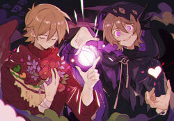  2boys animification antenna_hair bird_boy bird_wings bishounen black_cloak brown_hair cloak closed_eyes commentary dual_persona english_commentary evolution_smp flipped_hair flower glowing glowing_eyes grian_(youtuber) heart highres hood hood_up hooded_cloak life_heart_(traffic_life) long_sleeves luminous_slime minecraft_youtube multiple_boys parrot_boy red_scarf red_sweater scarf short_hair sweater traffic_life_series u_u violet_eyes watcher_(evolution_smp) wings 