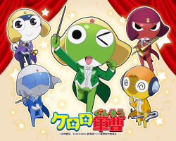  5boys black_eyes closed_eyes concert copyright_name dororo_(keroro_gunsou) frog giroro glasses hat headphones instrument keroro keroro_gunsou kururu_(keroro_gunsou) looking_at_viewer mask mouth_mask multiple_boys ninja_mask no_humans official_art official_wallpaper simple_background star_(symbol) tamama tuxedo 