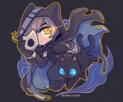  1boy animal arknights black_cat black_gloves black_pants cat chibi chibi_only closed_mouth commentary_request eye_trail full_body gloves highres hood hood_up light_trail male_focus mask miss_christine_(arknights) one-hour_drawing_challenge outline pants phantom_(arknights) sharktuna yellow_outline 