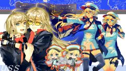  2girls absurdres ahoge azur_lane black_jacket blonde_hair blue_eyes blue_necktie blue_thighhighs breasts california_(azur_lane) chibi collared_shirt hat highres hug jacket long_hair medium_breasts medium_hair multiple_girls necktie outstretched_arm pan_(user_zdvk2337) peaked_cap pouch red_shirt shirt short_necktie siblings sisters tennessee_(azur_lane) thigh-highs thigh_pouch tinted_eyewear white_hat yellow-tinted_eyewear 