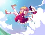  ana_(artist) ana_(rznuscrf) arms_up blonde_hair bobby_socks cloud flandre_scarlet hat hat_removed headwear_removed jumping midair open_mouth outstretched_arms red_eyes short_sleeves side_ponytail skirt sky socks touhou wings 