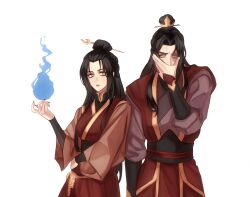  1boy 1girl absurdres avatar:_the_last_airbender avatar_legends azula black_hair blue_fire braid braided_ponytail brother_and_sister burn_scar commentary element_bending fire hair_bun highres lipstick makeup mlkywy pyrokinesis red_lips scar siblings single_hair_bun the_legend_of_korra topknot zuko 
