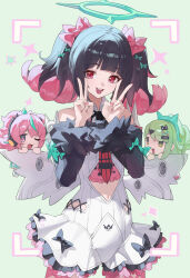  3girls absurdres angel_wings angels_of_delusion aqua_halo aria_(zenless_zone_zero) black_hair blunt_bangs clothing_cutout colored_inner_hair commentary_request cowboy_shot double_v fake_wings halo highres leotard looking_at_viewer medium_hair multicolored_hair multiple_girls nangong_yu navel navel_cutout necktie open_mouth pink_hair red_eyes red_necktie smile sunna_(zenless_zone_zero) taking_picture twintails two-tone_hair v white_leotard white_wings wings wudongyouyi zenless_zone_zero 