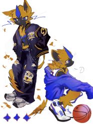  ! 1other absurdres ball basketball_(object) black_fur black_jacket black_pants blue_eyes blue_fur blue_jacket bright_pupils clothed_pokemon commentary full_body furry highres jacket jewelry kashiwa_gnu letterman_jacket looking_at_viewer multicolored_fur multiple_views necklace open_mouth other_focus pants pokemon pokemon_(creature) shoes simple_background sneakers sportswear squatting standing tank_top torn_clothes torn_pants two-tone_fur untranslatable_commentary whiskers white_background white_pupils white_shoes white_tank_top yellow_fur zeraora 