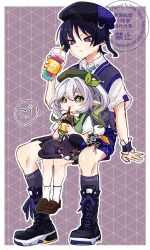  1boy 1girl alternate_costume animal_on_lap animalization argyle_background arm_at_side arm_support asymmetrical_sidelocks beret black_cat black_hat black_shoes blue_necktie blunt_ends bow bowtie brown_shoes cat cat_on_lap choppy_bangs closed_mouth collared_shirt colored_tips commentary_request contemporary cross-shaped_pupils cup disposable_cup drinking drinking_straw eyelashes eyeliner feathers full_body genshin_impact green_bow green_bowtie green_eyes green_hair green_hat green_pupils green_shorts green_sweater_vest grey_background grey_socks grey_vest hair_between_eyes hair_bow hand_up hat heart height_difference highres izu_114514 kneehighs long_hair makeup multicolored_hair nahida_(genshin_impact) necktie official_alternate_costume on_lap person_and_animalization pom_pom_(clothes) purple_pupils purple_shorts red_eyeliner scaramouche_(cat)_(genshin_impact) scaramouche_(genshin_impact) school_uniform shirt shoes short_sleeves shorts side_ponytail sidelocks sitting sitting_between_legs sneakers socks split_mouth spoken_heart sweater_vest symbol-shaped_pupils tsurime twitter_username undershirt vest violet_eyes wanderer_(genshin_impact) wanderer_(mega_mgc_coffee)_(genshin_impact) watermark watermark_grid white_hair white_shirt white_sleeves white_socks wing_collar wrist_cuffs yellow_feathers zzz 