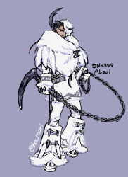  1boy absol black_hair chain commentary_request dark_skin facial_mark fur-trimmed_socks fur_shawl gloves grey_background harurie highres humanization multicolored_hair pants pokemon red_eyes shawl short_hair sickle solo swept_bangs tunic two-tone_hair white_gloves white_hair white_pants white_tunic 