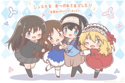  4girls :d ;d argyle_background black_cardigan black_hair black_pantyhose black_socks black_thighhighs blonde_hair blue_dress blue_eyes blue_shirt blush brown_hair brown_hairband brown_shoes brown_skirt cardigan chibi commentary_request dress green_eyes grey_skirt hair_between_eyes hairband highres idolmaster idolmaster_cinderella_girls kneehighs layered_sleeves long_sleeves mitarashi_neko multiple_girls one_eye_closed pantyhose pleated_skirt puffy_short_sleeves puffy_sleeves red_dress red_shoes sagisawa_fumika sakurai_momoka shadow shibuya_rin shirt shoes short_over_long_sleeves short_sleeves skirt smile socks sparkle tachibana_arisu thigh-highs translation_request white_socks 