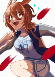  1girl agnes_tachyon_(boundless_laboratory)_(umamusume) agnes_tachyon_(umamusume) ahoge animal_ears bean_bag blue_jacket breasts brown_hair commentary_request hair_between_eyes horse_ears horse_girl jacket jersey lackxlock long_sleeves medium_hair official_alternate_costume open_clothes open_jacket open_mouth red_eyes running shorts smile solo teeth umamusume upper_teeth_only white_jersey white_shorts 