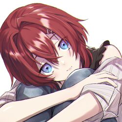  1girl ange_katrina angesukidayo blue_eyes blue_pants blush chromatic_aberration closed_mouth commentary_request crossed_bangs denim grey_shirt hair_between_eyes hair_intakes head_on_knees head_rest highres hugging_own_legs jeans knees_up lips looking_at_viewer medium_hair nijisanji off_shoulder official_alternate_costume pants pinstripe_pattern pinstripe_shirt red_hair shirt simple_background sitting sleeves_rolled_up solo virtual_youtuber white_background 