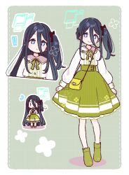  ! 1girl absurdly_long_hair alternate_costume alternate_hairstyle aqua_halo aris_(blue_archive) bag bare_legs black_hair blue_archive blue_eyes blush bow bowtie chibi commentary_request corset frills hair_between_eyes hair_ribbon halo highres holding_own_skirt long_hair long_hair_between_eyes long_sidelocks looking_at_viewer multiple_views rectangular_halo ribbon shirt shoes shoulder_bag side_ponytail sidelocks simple_background smile solo standing striped_clothes striped_shirt upper_body vertical-striped_clothes vertical-striped_shirt very_long_hair yoru_nai 